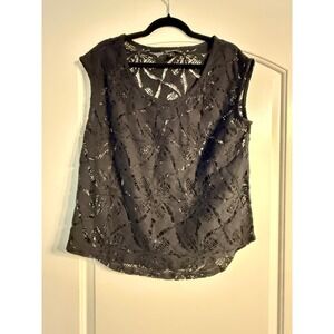 Banana Republic Lace Shell Top Medium Petite Black Floral Sheer Goth Romantic
